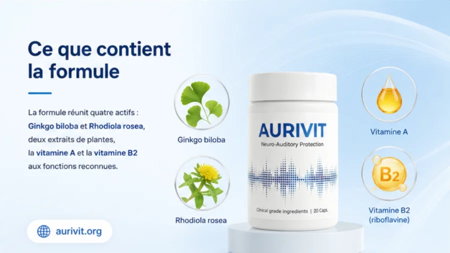 Aurivit — composition : Ginkgo, Rhodiola et vitamines A et B2